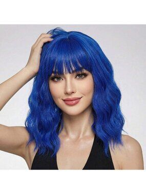 Women's Blue 14 Inch Short Shoulder Length Synthetic Bangs Wavy Bob Wig